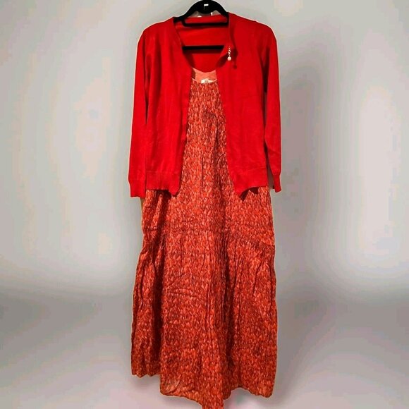 Joie Maxi Dress Cardigan Red Orange Medium Phoebe Buffay Boho Hippie Ditsy ALT - Picture 1 of 16